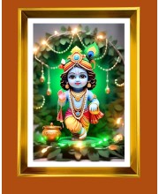 Liitle Baby Krishna Golden Photo Frame - 10x14 Inches | Elegant Wooden Frame For Home, Office & Temple Decoration | Spiritual Wall & Table Decor and Gift Item