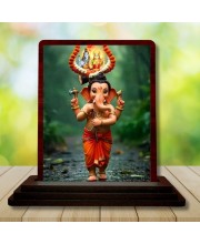 Car Desk/Table Top Lord Ganesha Wooden Photo Stand 3x4 Inches, Compact & Stylish Spiritual Display For Car, Home & Office (Pack Of 1) (F14351)