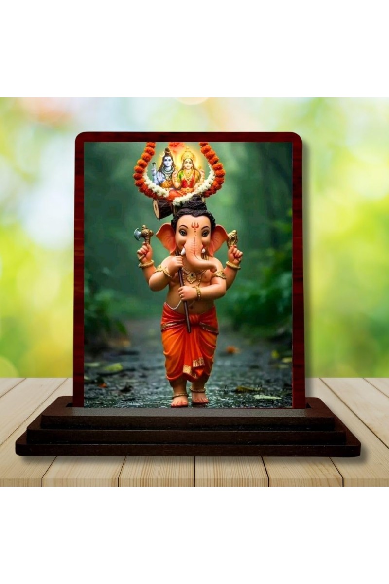 Car Desk/Table Top Lord Ganesha Wooden Photo Stand 3x4 Inches, Compact & Stylish Spiritual Display For Car, Home & Office (Pack Of 1) (F14351)
