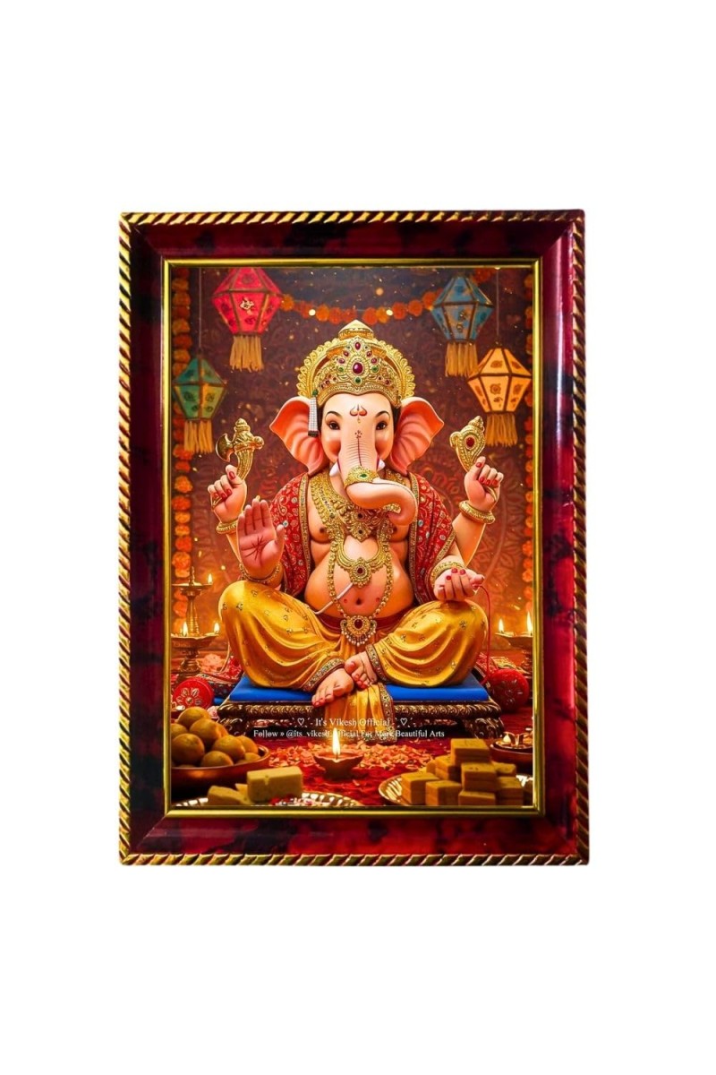 Lord Ganesha Photo Frame For Wall & Table | 7x9 Inch Golden Cherry Finish | Decorative Lord Ganesha Photo Frame For Home, Office & Pooja Room (F11659)