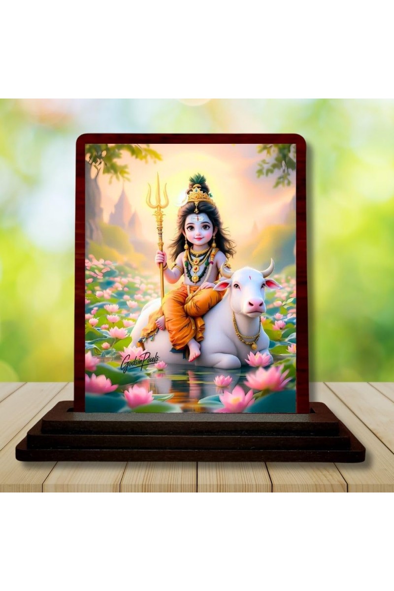 Car Desk/Table Top Lord Shiva Wooden Photo Stand 3x4 Inches, Compact & Stylish Spiritual Display For Car, Home & Office (Pack Of 1) (F14376)