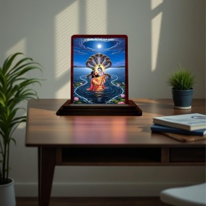 Car Desk/Table Top Lord Krishna Wooden Photo Stand 3x4 Inches, Compact & Stylish Spiritual Display For Car, Home & Office (Pack Of 1) (F14301)