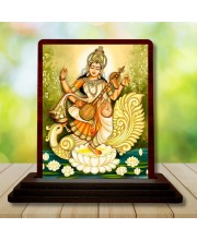 Car Desk/Table Top Maa Sarswati Wooden Photo Stand 3x4 Inches, Compact & Stylish Spiritual Display For Car, Home & Office (Pack Of 1) (F15173)