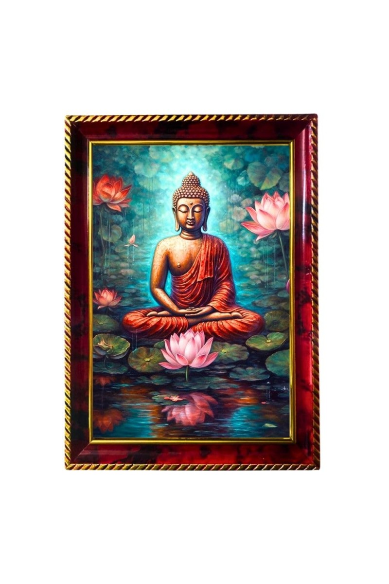 Serene Buddha Photo Frame For Wall & Table | 7x9 Inch Golden Cherry Finish | Decorative Serene Buddha Photo Frame For Home, Office & Pooja Room (F11585)
