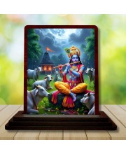 Car Desk/Table Top Lord Krishna Wooden Photo Stand 3x4 Inches, Compact & Stylish Spiritual Display For Car, Home & Office (Pack Of 1) (F14400)