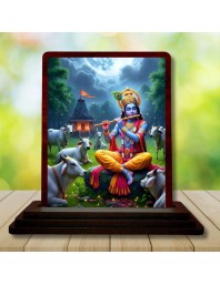 Car Desk/Table Top Lord Krishna Wooden Photo Stand 3x4 Inches, Compact & Stylish Spiritual Display For Car, Home & Office (Pack Of 1) (F14400)