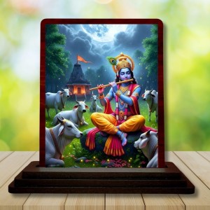 Car Desk/Table Top Lord Krishna Wooden Photo Stand 3x4 Inches, Compact & Stylish Spiritual Display For Car, Home & Office (Pack Of 1) (F14400)