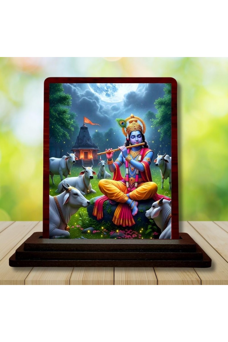 Car Desk/Table Top Lord Krishna Wooden Photo Stand 3x4 Inches, Compact & Stylish Spiritual Display For Car, Home & Office (Pack Of 1) (F14400)