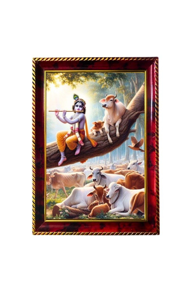 Lord Krishna On The Tree Photo Frame For Wall & Table | 7x9 Inch Golden Cherry Finish | Decorative Lord Krishna On The Tree Photo Frame For Home, Office & Pooja Room (F11382)