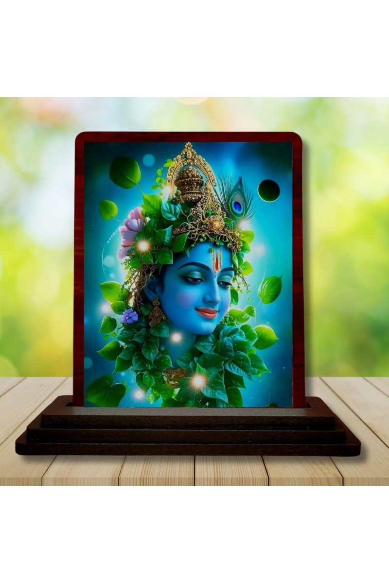 Car Desk/Table Top Lord Krishna Wooden Photo Stand 3x4 Inches, Compact & Stylish Spiritual Display For Car, Home & Office (Pack Of 1) (F14357)