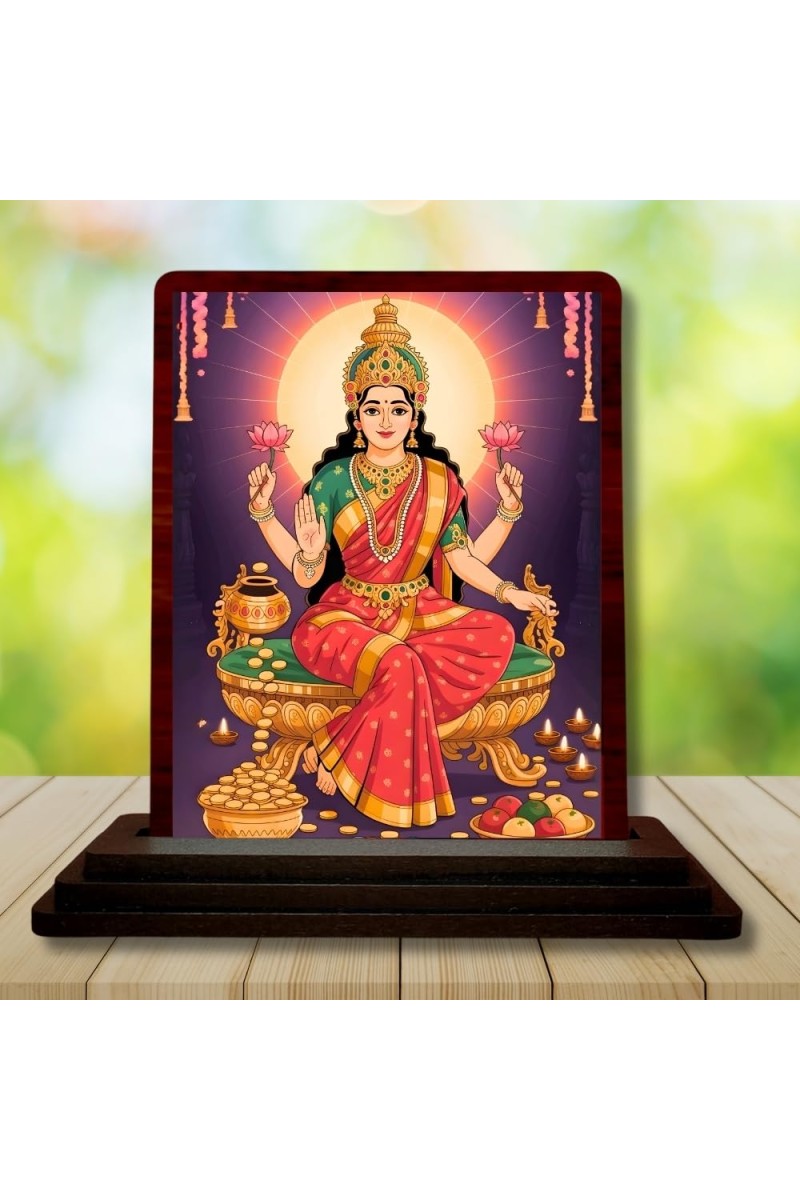Car Desk/Table Top Maa Laxmi Wooden Photo Stand 3x4 Inches, Compact & Stylish Spiritual Display For Car, Home & Office (Pack Of 1) (F15175)