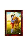 Lord Krishna With Lovely Cow Photo Frame For Wall & Table | 7x9 Inch Golden Cherry Finish | Decorative Lord Krishna With Lovely Cow Photo Frame For Home, Office & Pooja Room (F11776)