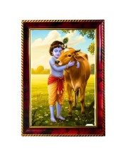 Lord Krishna With Lovely Cow Photo Frame For Wall & Table | 7x9 Inch Golden Cherry Finish | Decorative Lord Krishna With Lovely Cow Photo Frame For Home, Office & Pooja Room (F11776)
