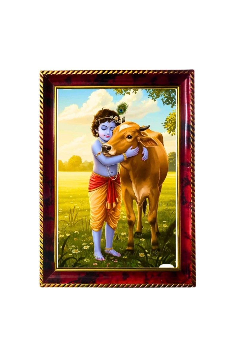 Lord Krishna With Lovely Cow Photo Frame For Wall & Table | 7x9 Inch Golden Cherry Finish | Decorative Lord Krishna With Lovely Cow Photo Frame For Home, Office & Pooja Room (F11776)