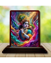 Car Desk/Table Top Lord Krishna Wooden Photo Stand 3x4 Inches, Compact & Stylish Spiritual Display For Car, Home & Office (Pack Of 1) (F15188)