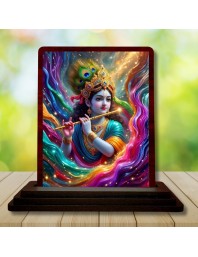 Car Desk/Table Top Lord Krishna Wooden Photo Stand 3x4 Inches, Compact & Stylish Spiritual Display For Car, Home & Office (Pack Of 1) (F15188)