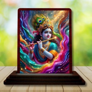 Car Desk/Table Top Lord Krishna Wooden Photo Stand 3x4 Inches, Compact & Stylish Spiritual Display For Car, Home & Office (Pack Of 1) (F15188)