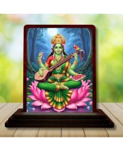 Car Desk/Table Top Goddess Saraswathi Wooden Photo Stand 3x4 Inches, Compact & Stylish Spiritual Display For Car, Home & Office (Pack Of 1) (F14647)