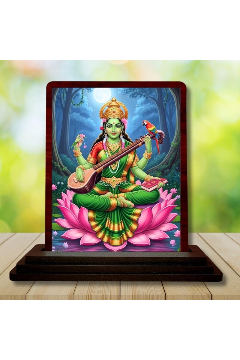 Car Desk/Table Top Goddess Saraswathi Wooden Photo Stand 3x4 Inches, Compact & Stylish Spiritual Display For Car, Home & Office (Pack Of 1) (F14647)