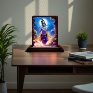 Car Desk/Table Top Lord Krishna Wooden Photo Stand 3x4 Inches, Compact & Stylish Spiritual Display For Car, Home & Office (Pack Of 1) (F14291)