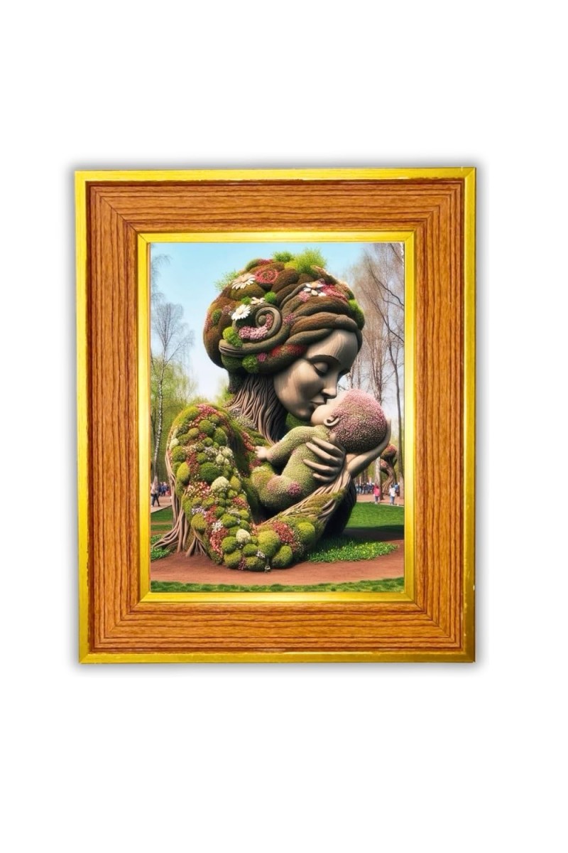 Nature Mother With Child Photo Frame 10x14 Inches-Brown Wooden Frame For Home, Office & Temple Decoration And Gifting (F6482)