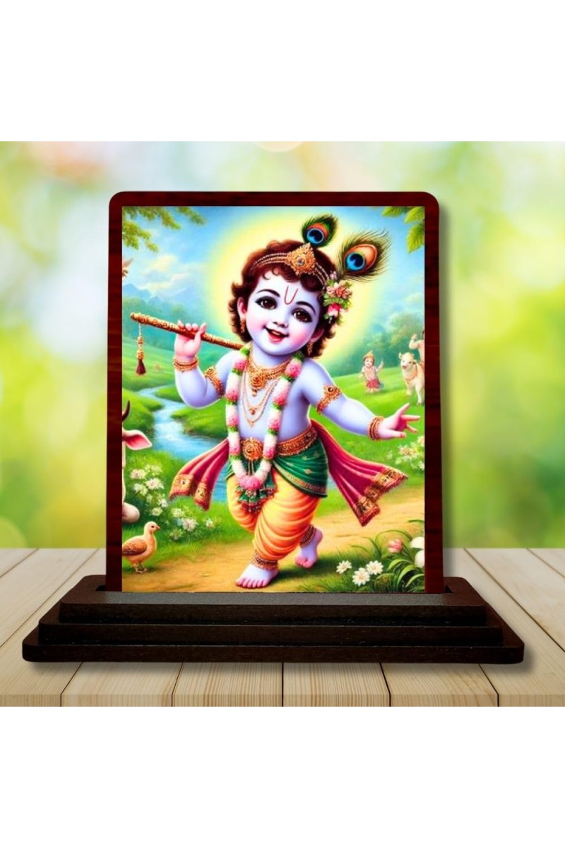 Car Desk/Table Top Lord Krishna Wooden Photo Stand 3x4 Inches, Compact & Stylish Spiritual Display For Car, Home & Office (Pack Of 1) (F14475)