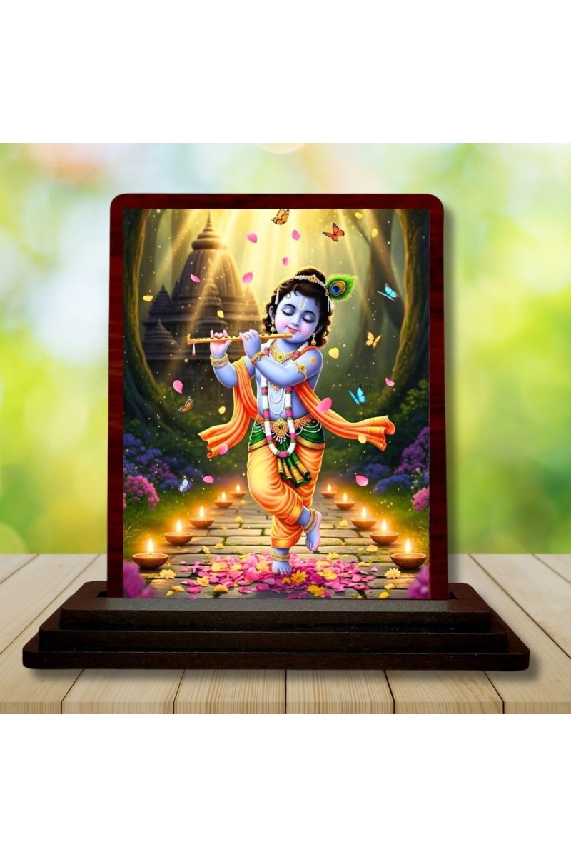 Car Desk/Table Top Lord Krishna Wooden Photo Stand 3x4 Inches, Compact & Stylish Spiritual Display For Car, Home & Office (Pack Of 1) (F14299)