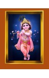Divine Little Krishna Golden Photo Frame - 10x14 Inches | Elegant Wooden Frame For Home, Office & Temple Decoration | Spiritual Wall & Table Decor and Gift Item
