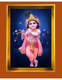 Divine Little Krishna Golden Photo Frame - 10x14 Inches | Elegant Wooden Frame For Home, Office & Temple Decoration | Spiritual Wall & Table Decor And Gift Item (F9870)