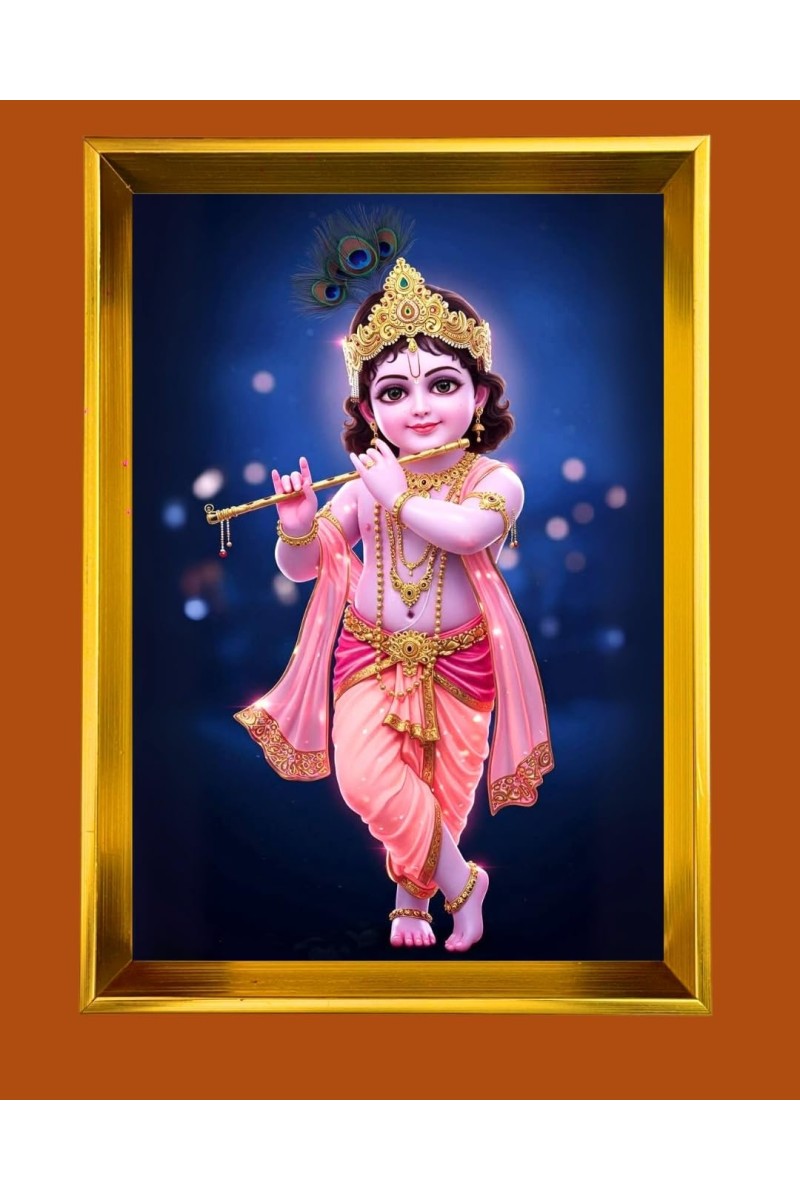 Divine Little Krishna Golden Photo Frame - 10x14 Inches | Elegant Wooden Frame For Home, Office & Temple Decoration | Spiritual Wall & Table Decor and Gift Item
