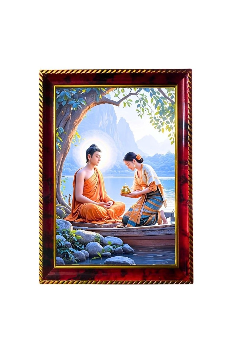 Buddha With Devotee Photo Frame For Wall & Table | 7x9 Inch Golden Cherry Finish | Decorative Buddha With Devotee Photo Frame For Home, Office & Pooja Room (F11451)