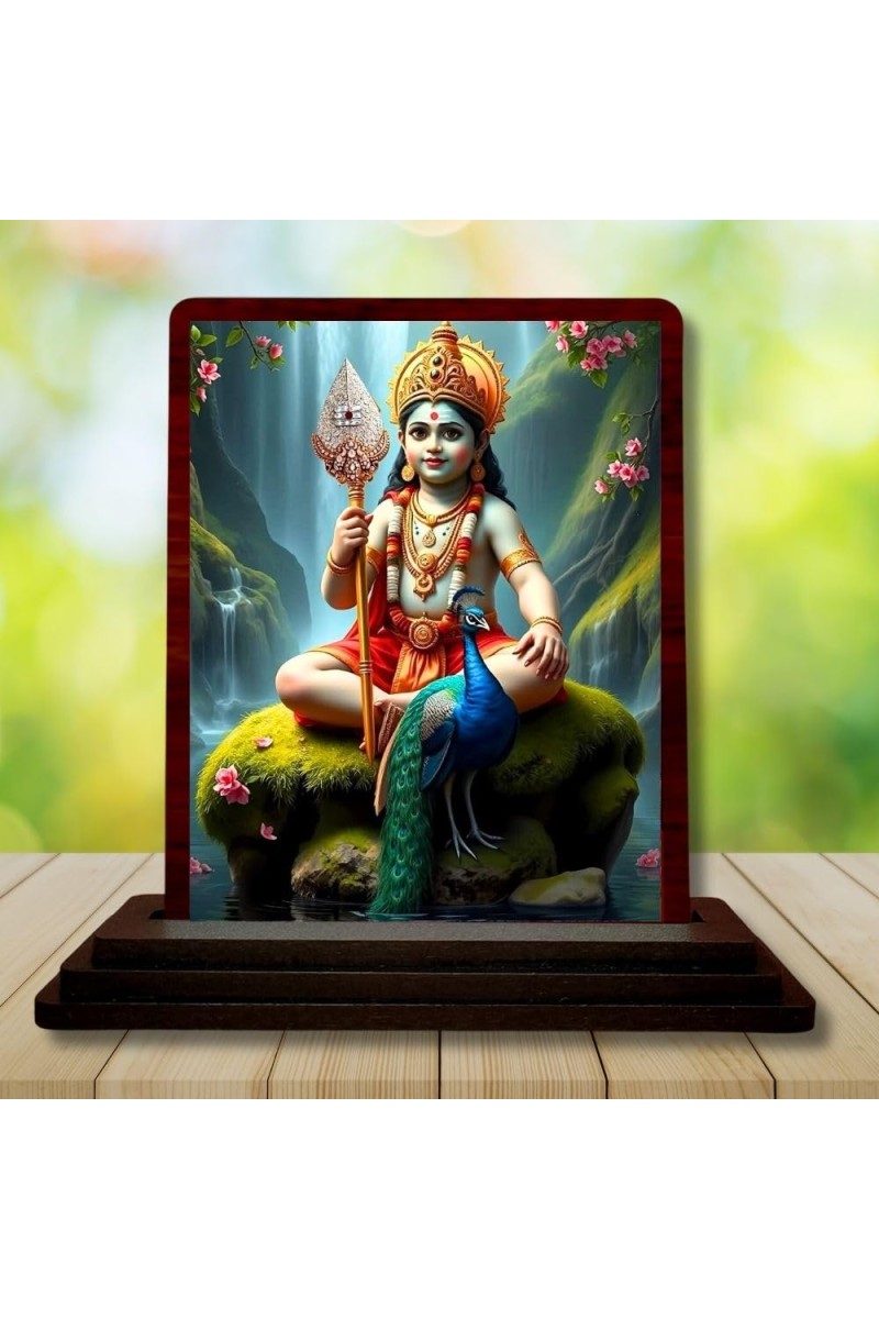 Car Desk/Table Top Lord Karthikeya Wooden Photo Stand 3x4 Inches, Compact & Stylish Spiritual Display For Car, Home & Office (Pack Of 1) (F14317)