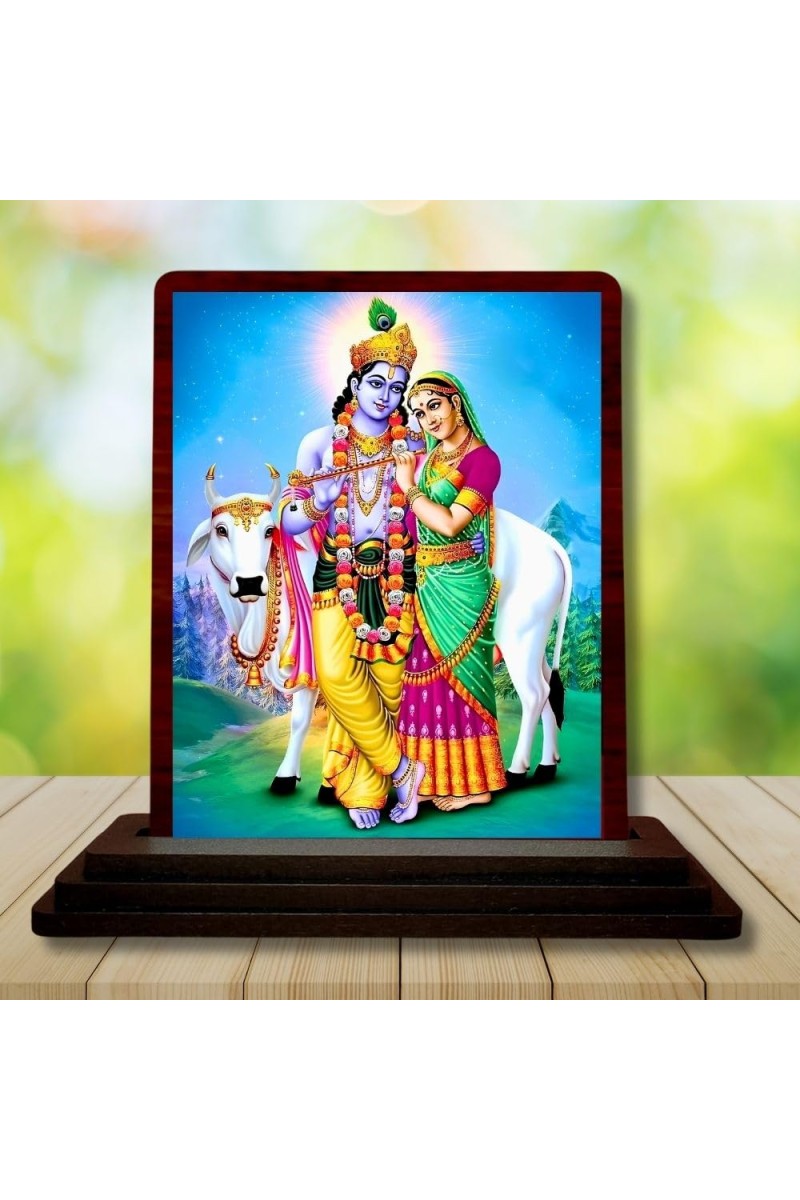 Car Desk/Table Top Radha Krishna Wooden Photo Stand 3x4 Inches, Compact & Stylish Spiritual Display For Car, Home & Office (Pack Of 1) (F14213)