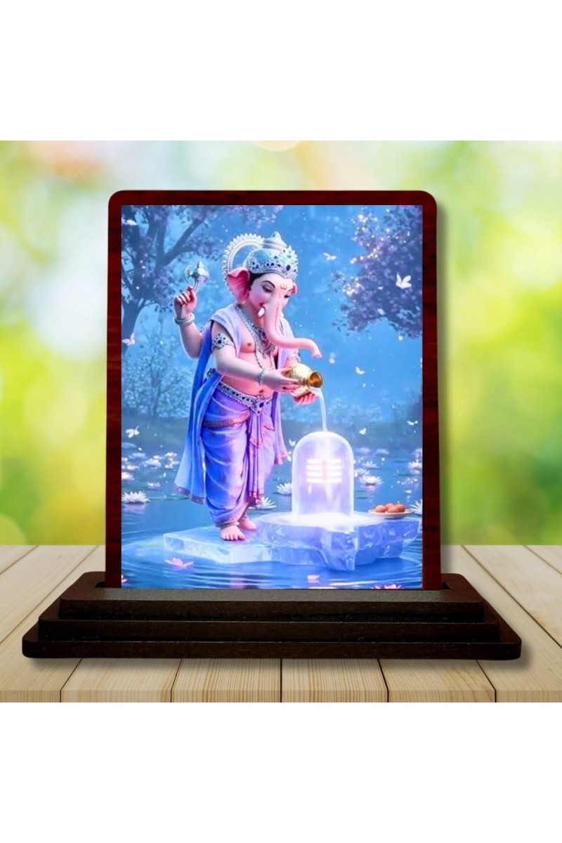 Car Desk/Table Top Lord Ganesha Wooden Photo Stand 3x4 Inches, Compact & Stylish Spiritual Display For Car, Home & Office (Pack Of 1) (F14518)