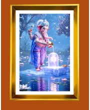 Lord Ganesha Golden Photo Frame - 10x14 Inches | Elegant Wooden Frame For Home, Office & Temple Decoration | Spiritual Wall & Table Decor and Gift Item