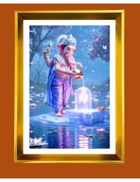 Lord Ganesha Golden Photo Frame - 10x14 Inches | Elegant Wooden Frame For Home, Office & Temple Decoration | Spiritual Wall & Table Decor and Gift Item