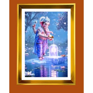 Lord Ganesha Golden Photo Frame - 10x14 Inches | Elegant Wooden Frame For Home, Office & Temple Decoration | Spiritual Wall & Table Decor and Gift Item