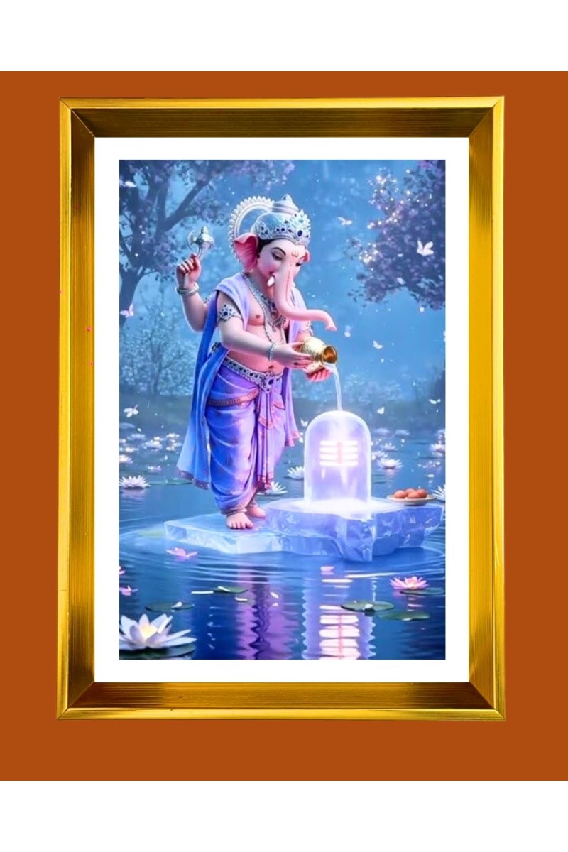 Lord Ganesha Golden Photo Frame - 10x14 Inches | Elegant Wooden Frame For Home, Office & Temple Decoration | Spiritual Wall & Table Decor and Gift Item