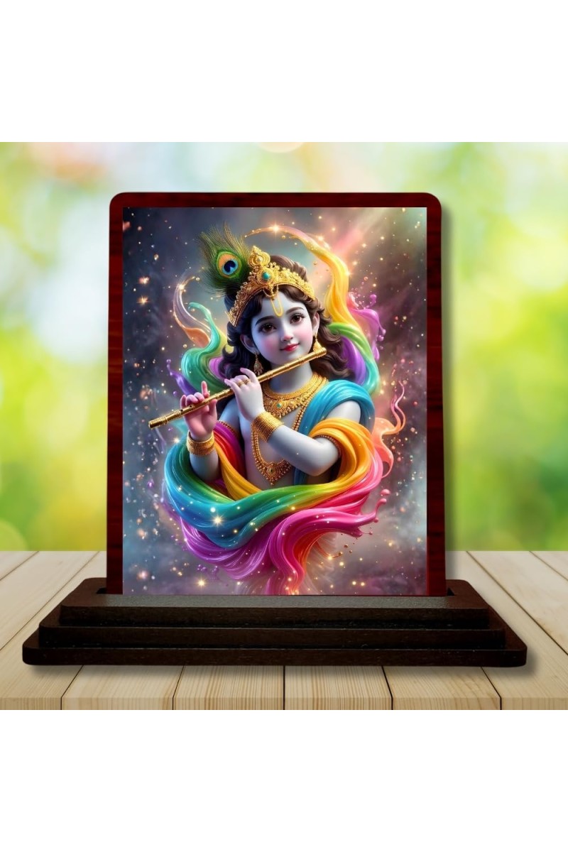 Car Desk/Table Top Lord Krishna Wooden Photo Stand â€“ 3x4 Inches, Compact & Stylish Spiritual Display For Car, Home & Office (Pack Of 1) (F15114)