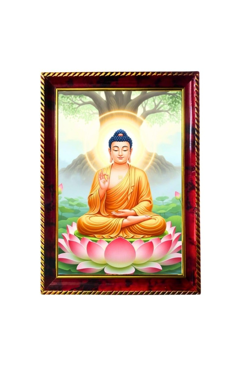 Peaceful Buddha Photo Frame For Wall & Table | 7x9 Inch Golden Cherry Finish | Decorative Peaceful Buddha Photo Frame For Home, Office & Pooja Room (F11614)