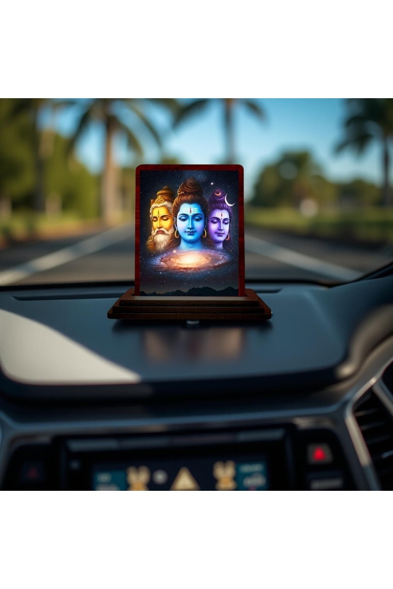 Car Desk/Table Top Bramha Vishnu Shiva Wooden Photo Stand 3x4 Inches, Compact & Stylish Spiritual Display For Car, Home & Office (Pack Of 1) (F14163)