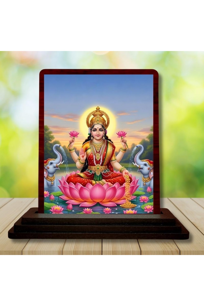 Car Desk/Table Top Goddess Lakshmi Wooden Photo Stand 3x4 Inches, Compact & Stylish Spiritual Display For Car, Home & Office (Pack Of 1) (F14236)