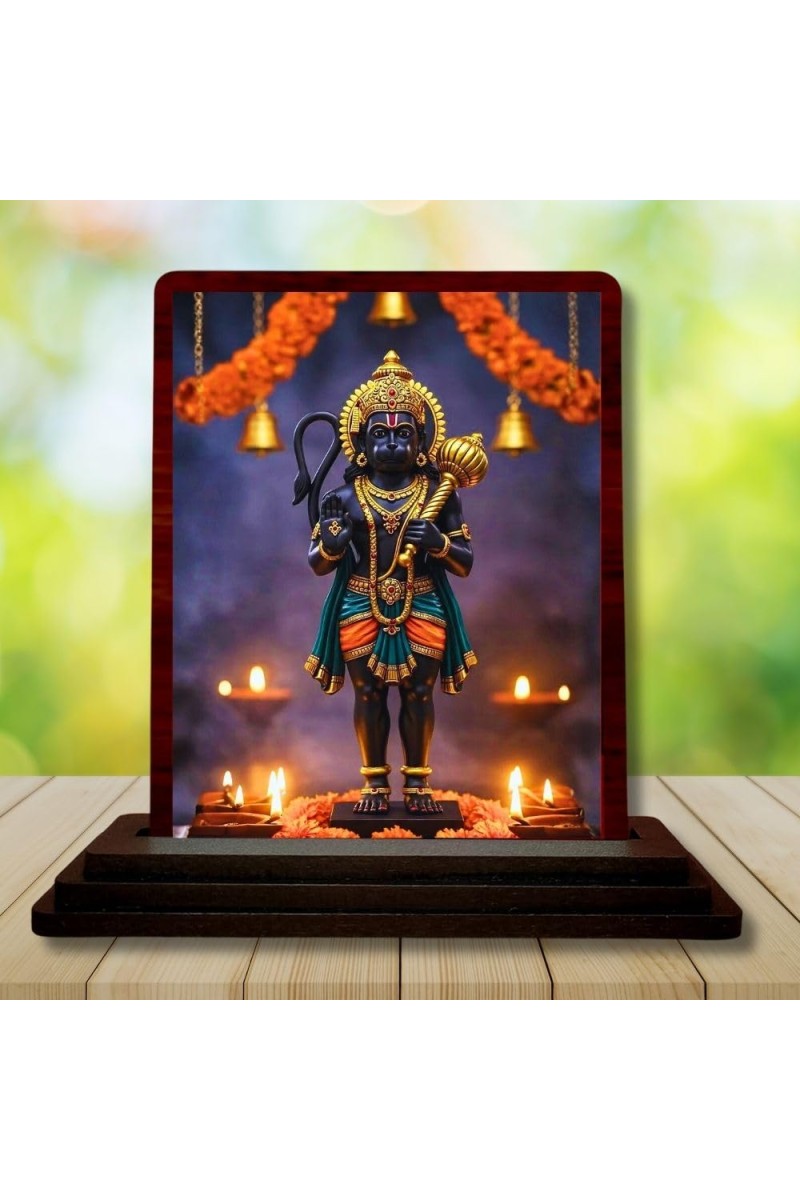 Car Desk/Table Top Lord Hanuman Wooden Photo Stand 3x4 Inches, Compact & Stylish Spiritual Display For Car, Home & Office (Pack Of 1) (F14139)