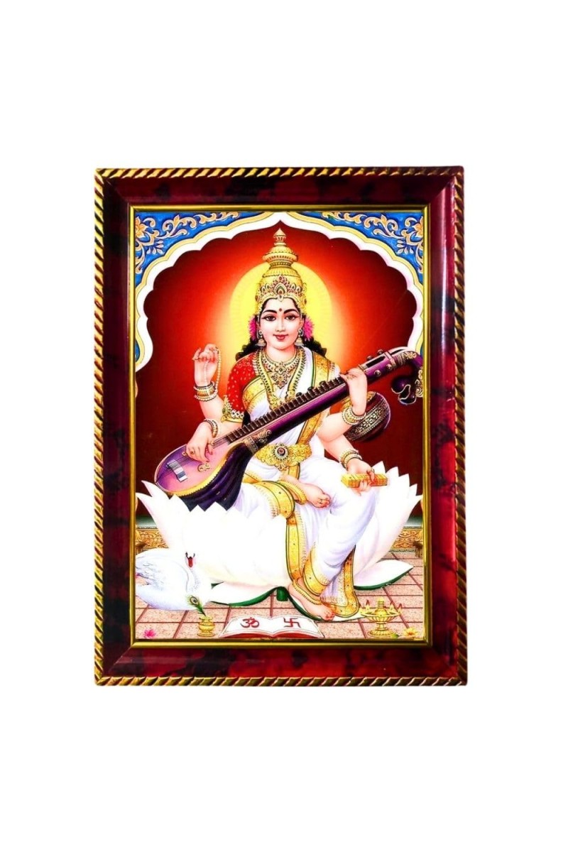 Goddess Saraswathi Photo Frame For Wall & Table | 7x9 Inch Golden Cherry Finish | Decorative Goddess Saraswathi Photo Frame For Home, Office & Pooja Room (F11558)