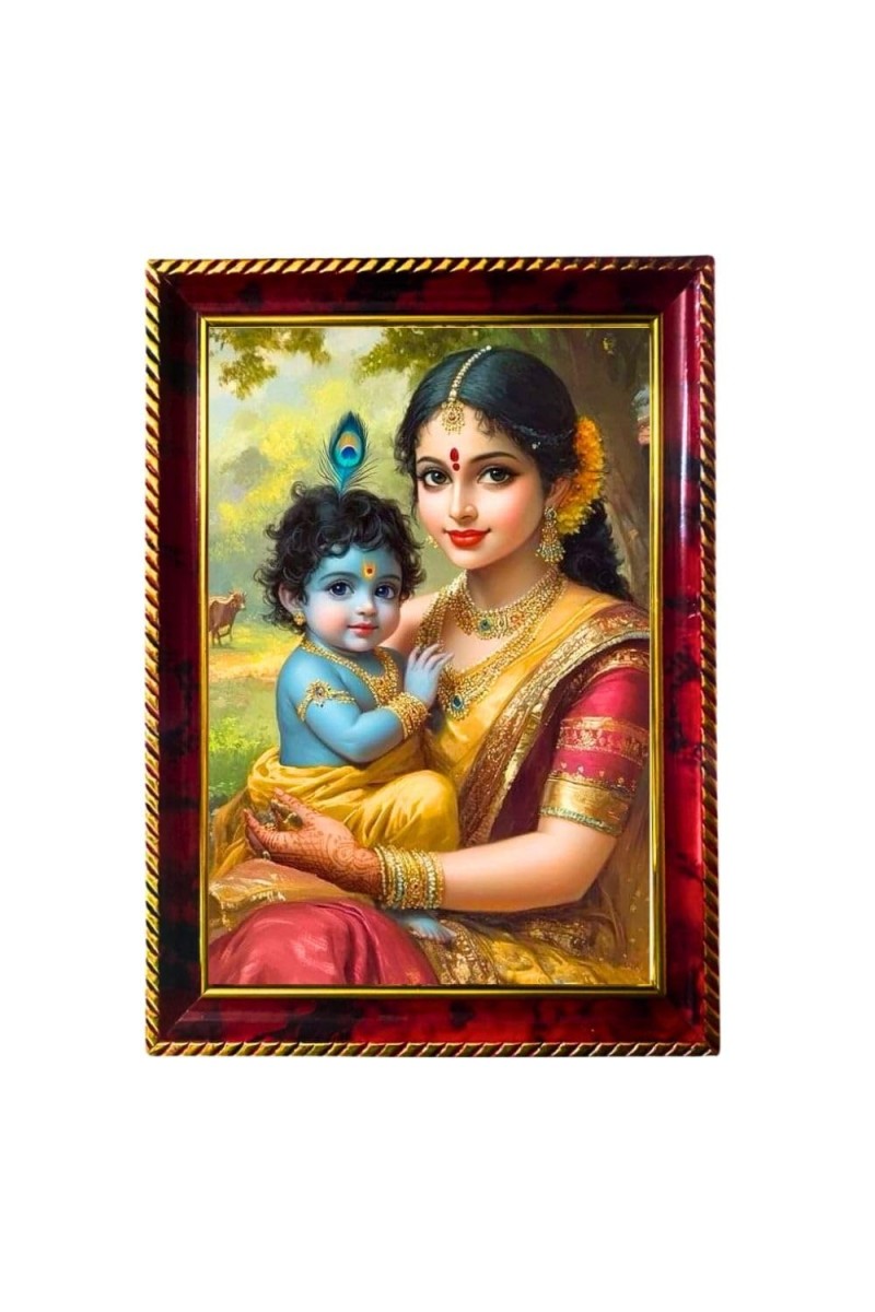Lord Krishna With Maa Yashoda Photo Frame For Wall & Table | 7x9 Inch Golden Cherry Finish | Decorative Lord Krishna With Maa Yashoda Photo Frame For Home, Office & Pooja Room (F11308)