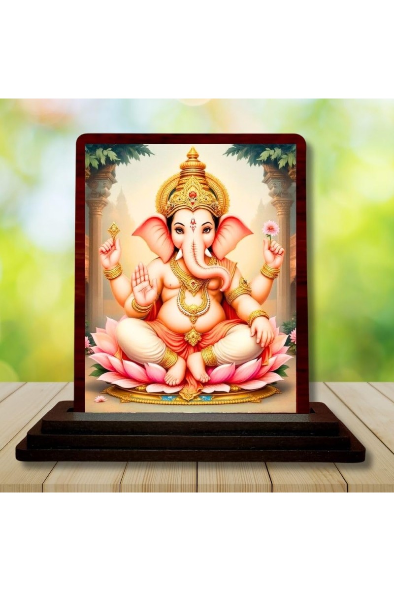Car Desk/Table Top Lord Ganesha Wooden Photo Stand 3x4 Inches, Compact & Stylish Spiritual Display For Car, Home & Office (Pack Of 1) (F14538)