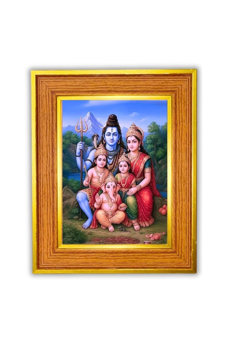 Lord Shiva, Goddess Parvati, And Their Children, Lord Ganesha And Lord Kartikeya Murugan Photo Frame 10x14 Inches-Brown Wooden Frame For Home, Office & Temple Decoration And Gifting (F6432)