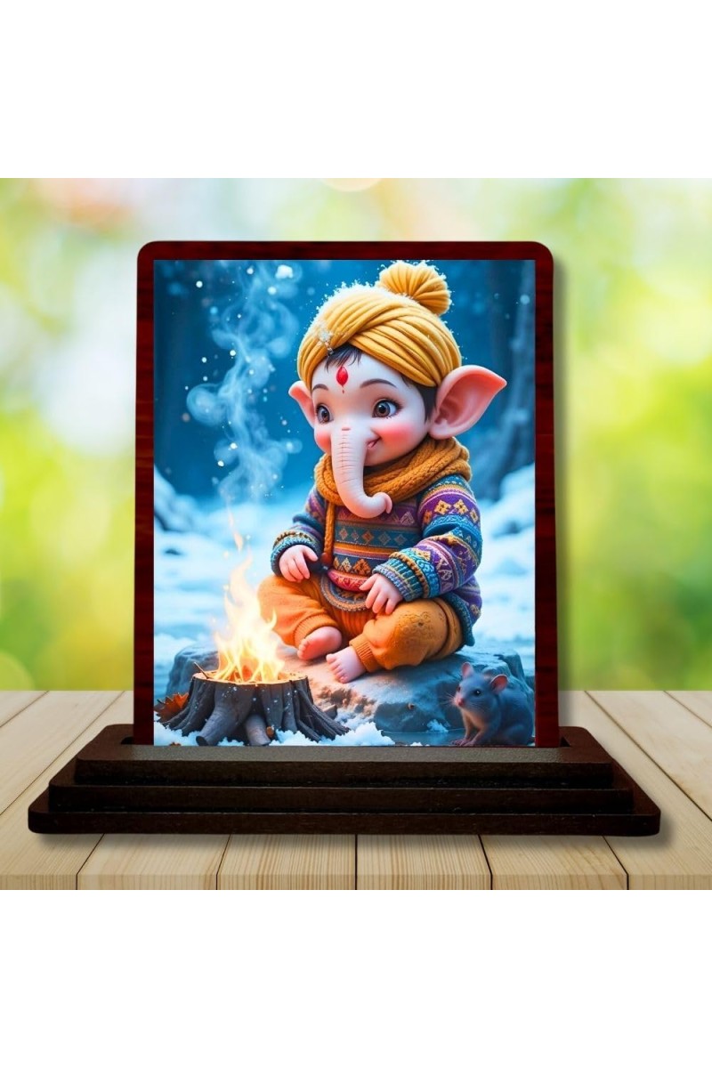 Car Desk/Table Top Lord Ganesha Wooden Photo Stand 3x4 Inches, Compact & Stylish Spiritual Display For Car, Home & Office (Pack Of 1) (F14353)