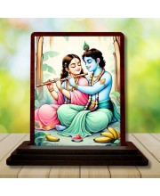 Car Desk/Table Top Radha Krishna Wooden Photo Stand 3x4 Inches, Compact & Stylish Spiritual Display For Car, Home & Office (Pack Of 1) (F14578)