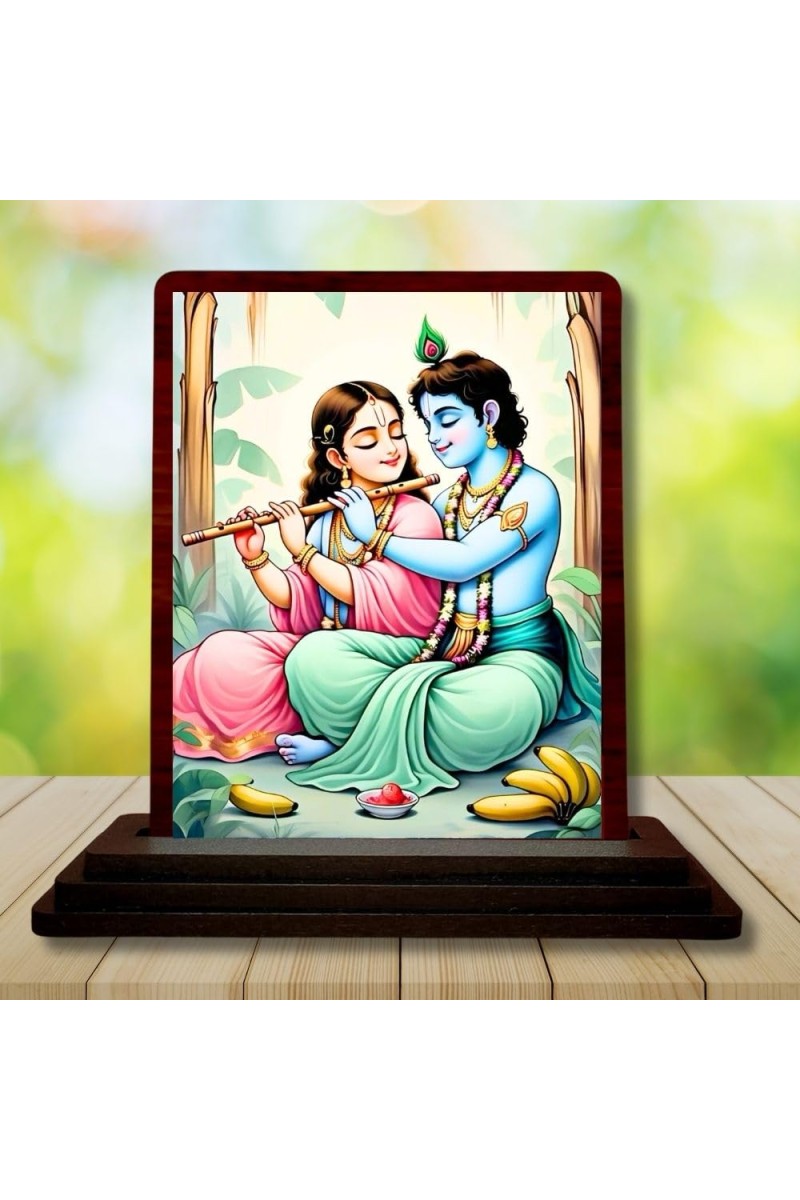 Car Desk/Table Top Radha Krishna Wooden Photo Stand 3x4 Inches, Compact & Stylish Spiritual Display For Car, Home & Office (Pack Of 1) (F14578)